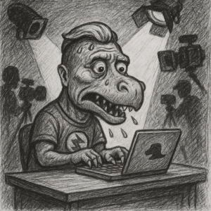Strider-Karikatur als Kohlezeichnung: Verzweifelter Dinosaurier versucht, Computer vor laufenden Kameras zu bedienen