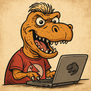 Strider-Karikatur: Dinosaurier bedient Laptop