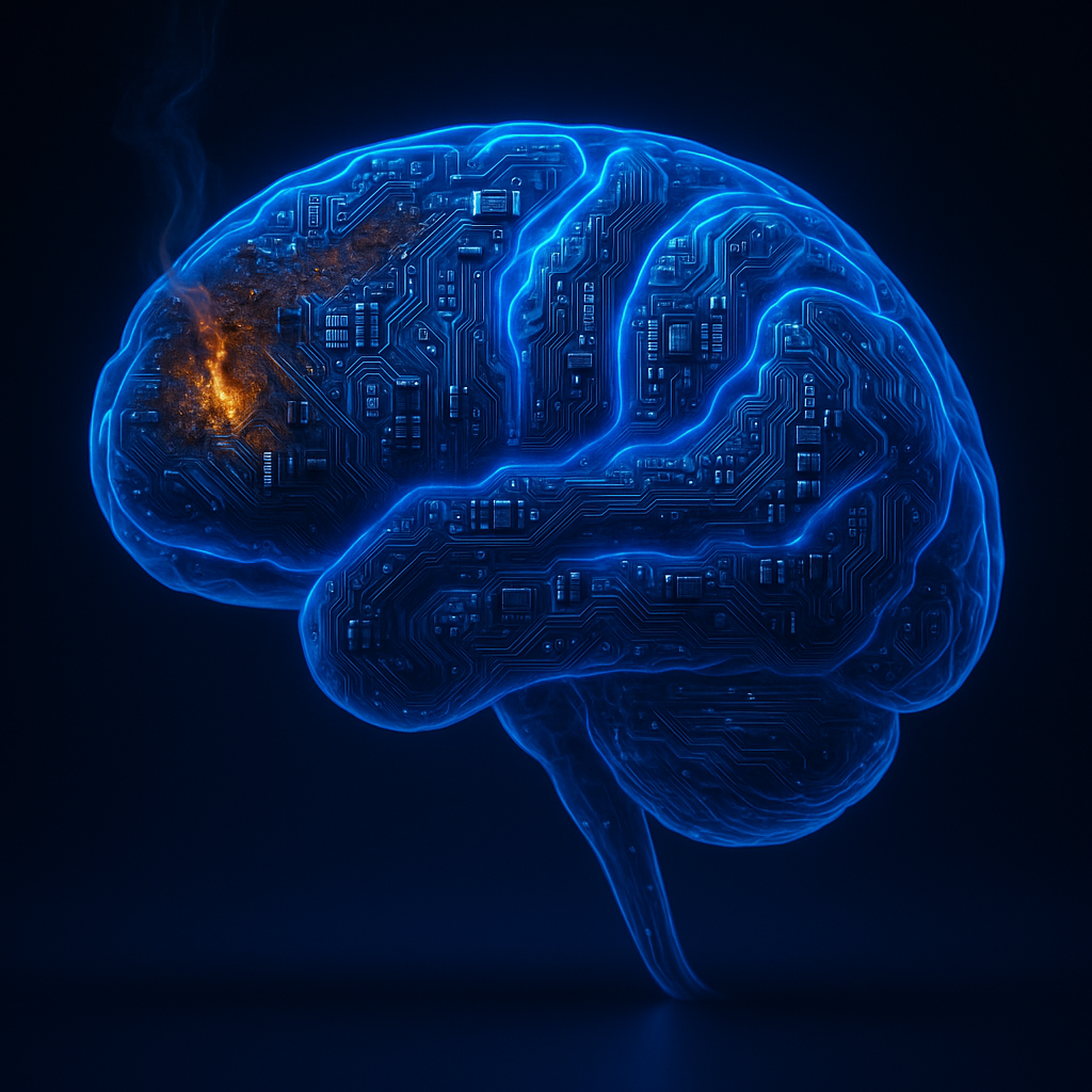 KI-Hirndarstellung mit Schaltkreisen in Blau mit Frontalhirnüberlastung als Bezug zu Neurodivergenz und ADHS